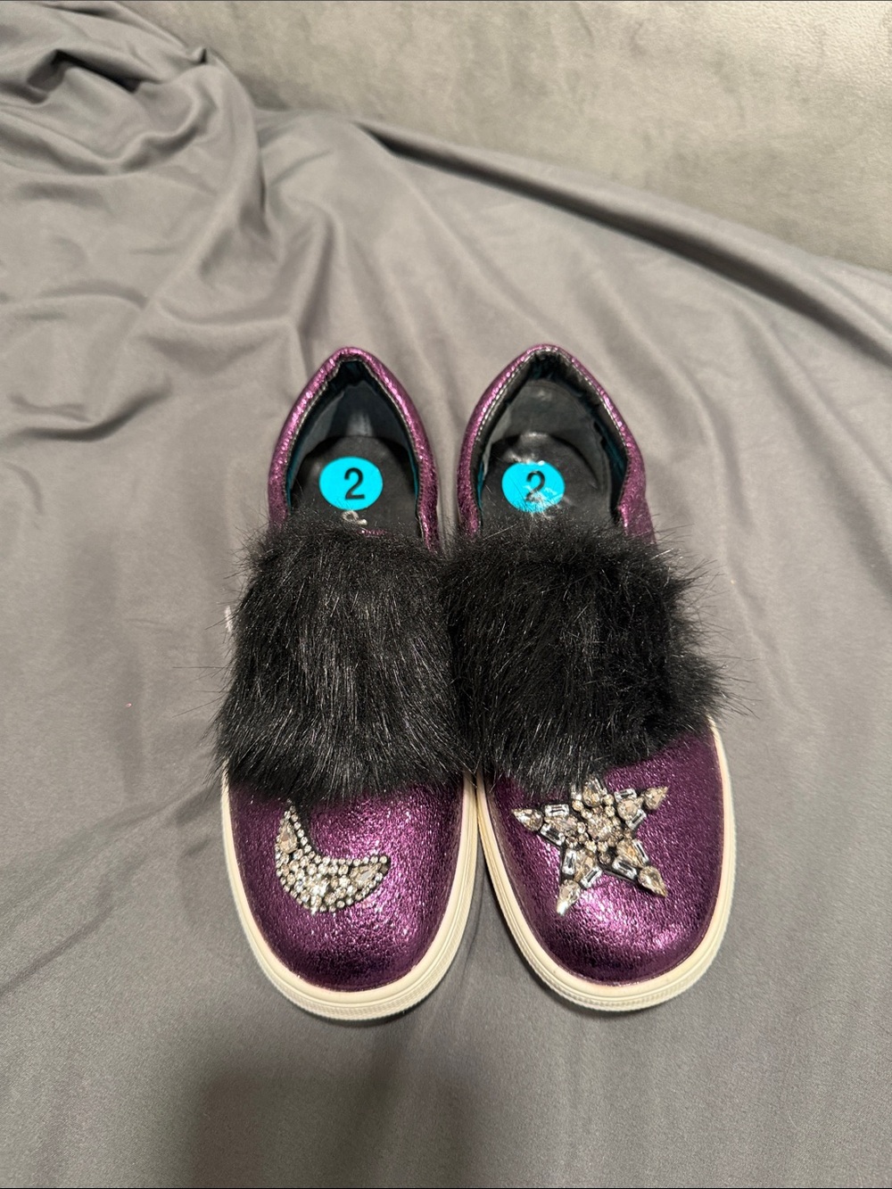 Girls' Purple Glitter Slip-On Sneakers with Faux Fur and Rhinestones